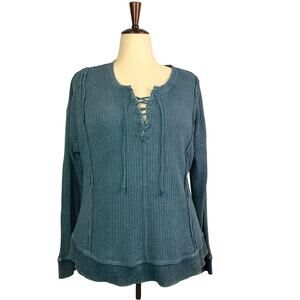 Women XXL Frye & Co Long Slv Shirt Top Waffle  Tee blue green